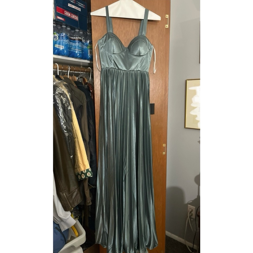NWT Lulus Blue Grey Satin Pleated Bustier Maxi Dress
